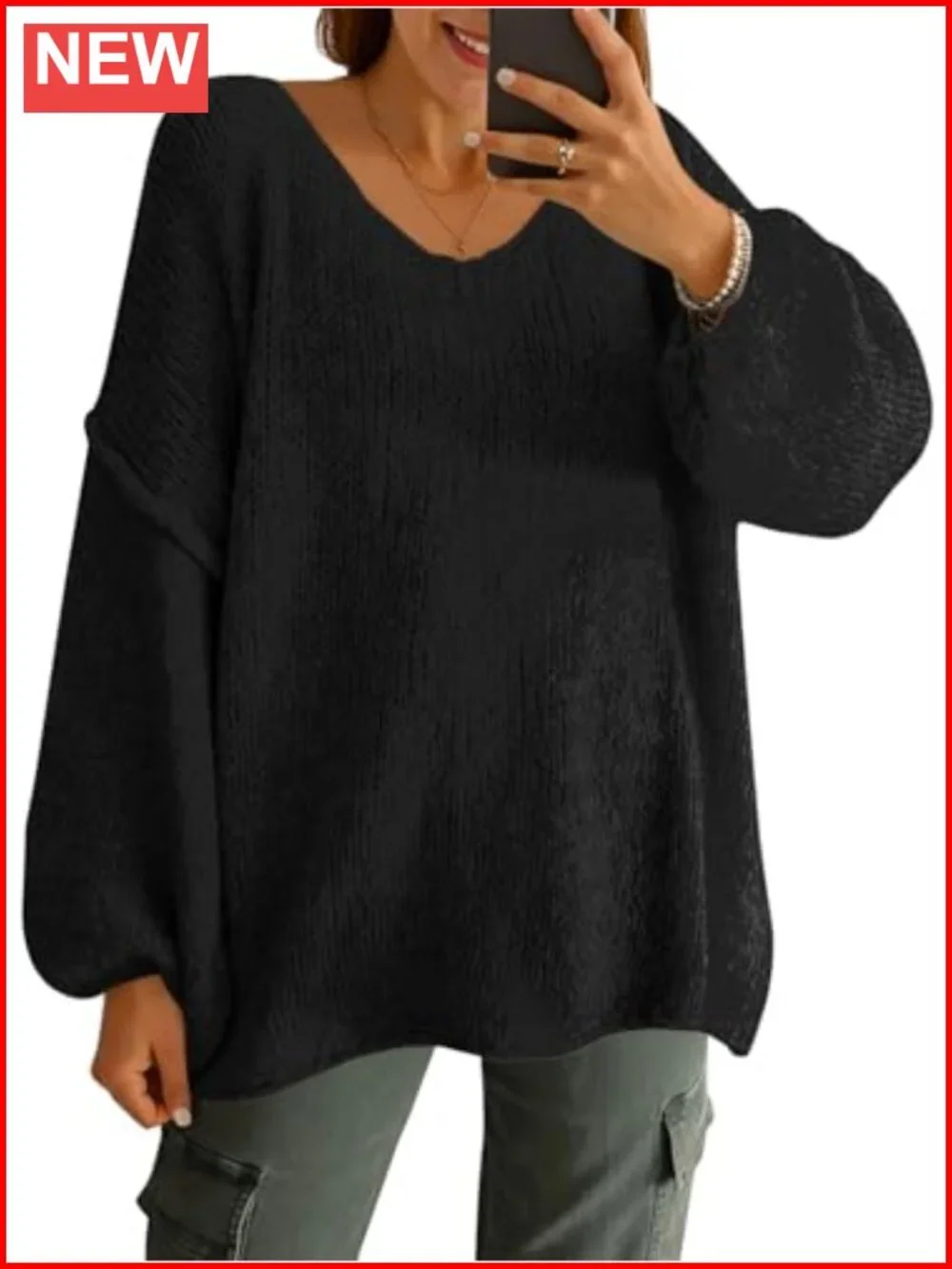 Oversized V Neck Chunky Knit Lantern Sleeve Sweater